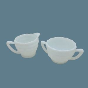 Hazel Atlas Cubist Milk Glass Creamer and Sugar Set - 1930s Vintage Kitchenware